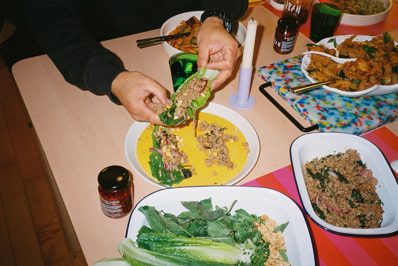 Thai lettuce cups with Rippah Chili Oil — larb-style chicken with herbs, toasted rice powder, and butter lettuce
