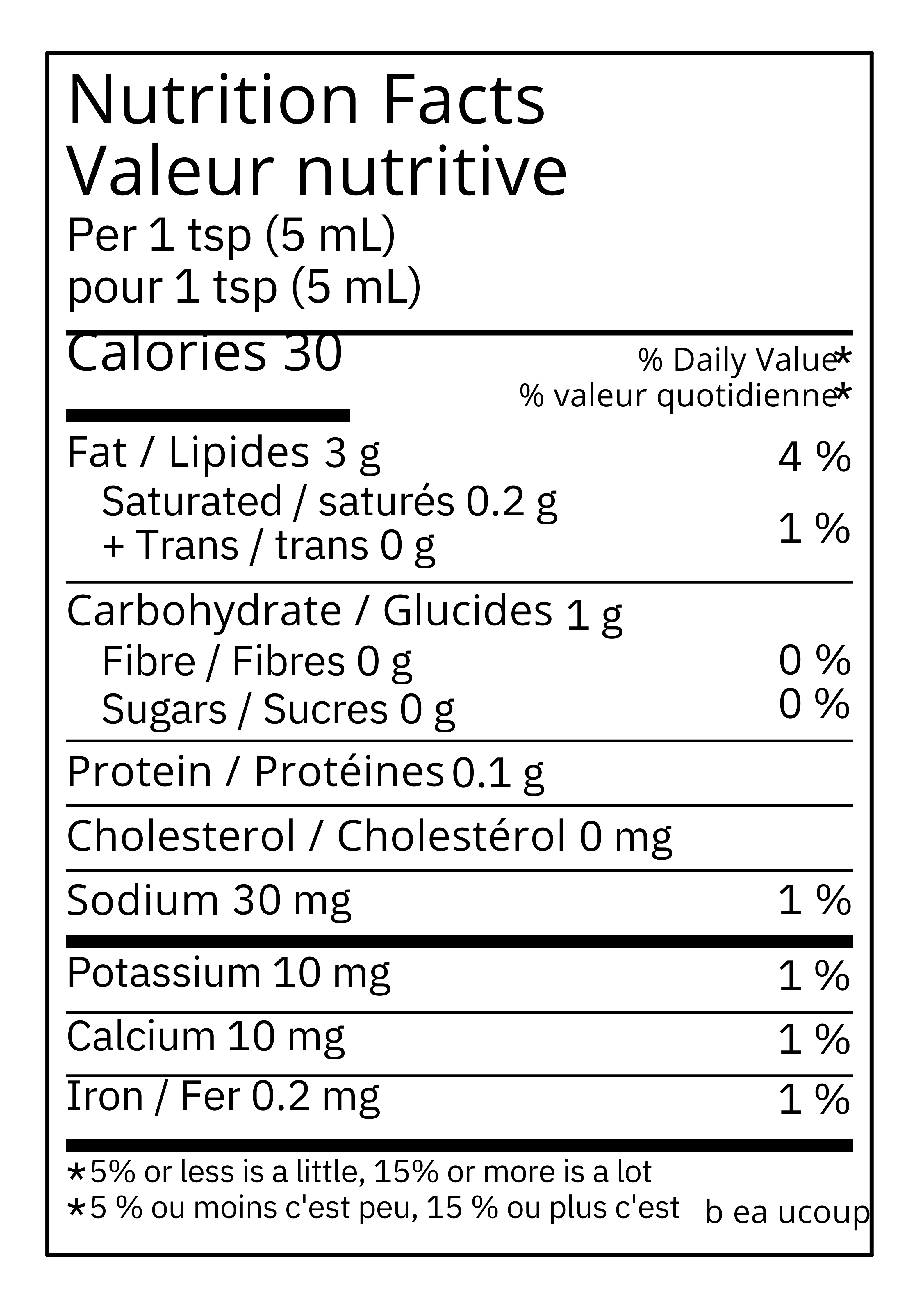 Rippah Spicy Chili Oil nutrition facts label — 9oz (226g) jar — showing calories, fat, sodium, carbohydrate and protein content per 5mL serving, in English and French.
